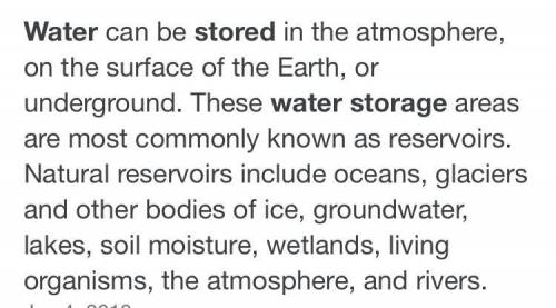 Identify three ways in which water is stored.