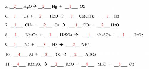 5. H2O2 →  H2O + O2

a. 2, 3
b. 2, 1
c. 2, 4
d. 2, 2 
6.  Ca + N2 → Ca3N2
a. 2
b. 3
c. 4
d. 6
7. Li