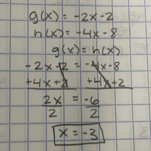 Solve g(x) = h(x) for x:
g(x) = -2x - 2
h(x) = -4x – 8