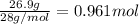 \frac{26.9 g}{28 g/mol} = 0.961 mol