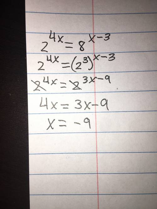 Help Pleases!!
2^4x=8^x-3