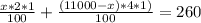 \frac{x*2*1}{100} +\frac{(11000-x)*4*1)}{100} =260