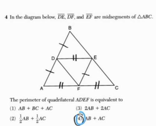 In the diagram below, de, df, and ef aremidsegments of abc.the perimeter of quadrilatera
