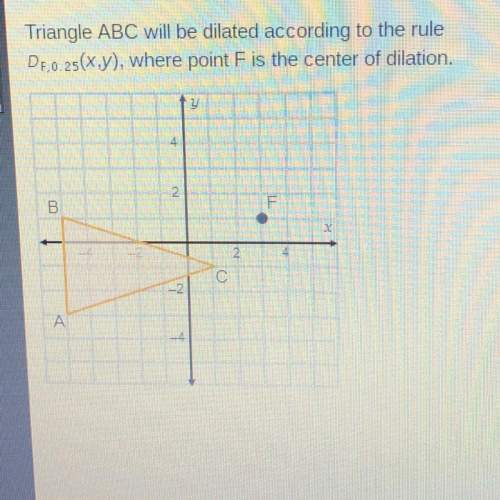 triangle abc will be dilated according to the rule df,0.25(x,y), where point f is the c