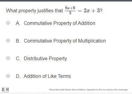 What property justifies that 6x+9/3 =2x + 3? (see the pic of how the fraction is) a. commutat