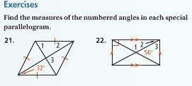 Find the measures of the numbered angles in each special parallelogram, #22