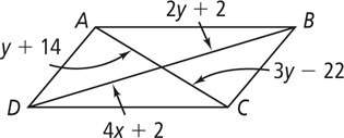 14. abcd is a parallelogram. find the values of x and y.