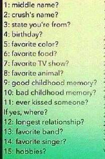 Pick 1-5 numbers and i'll answer them truthfully and there's a part 2 on my questions section&lt;