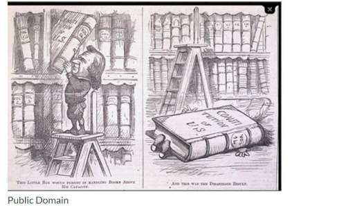 Black and white cartoon. first panel shows a tiny man on a ladder, pulling a large book off a booksh