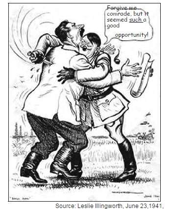 "hitler’s actions as expressed by this cartoon led stalin to (1)adopt a policy of appeasement&lt;