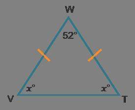 Triangle vwt is an isosceles. which equation can be used to find the measure of∠v?  a) 2x = 52