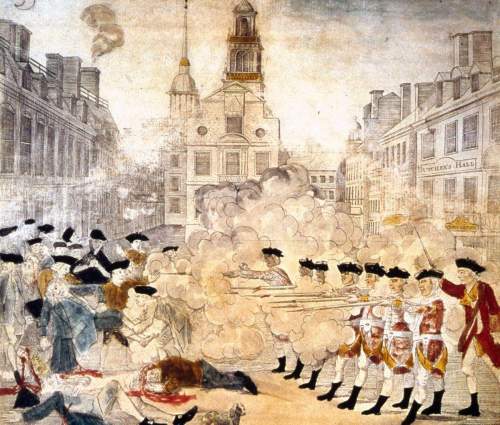 Compare the written description of the boston massacre to the image depicting this historical event.
