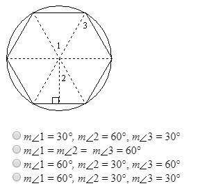given the regular hexagon, find the measure of each numbered angle.