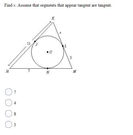 10 points find x. assume that segments that appear tangent are tangent.
