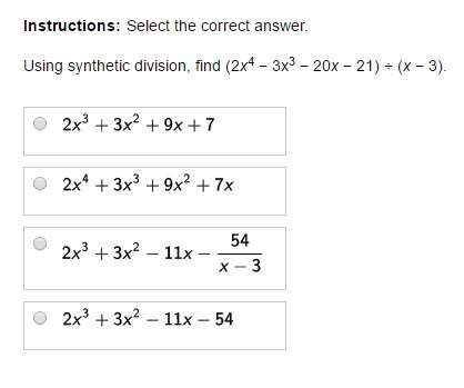 Using synthetic division, find (2x4 − 3x3 − 20x − 21) ÷ (x − 3).