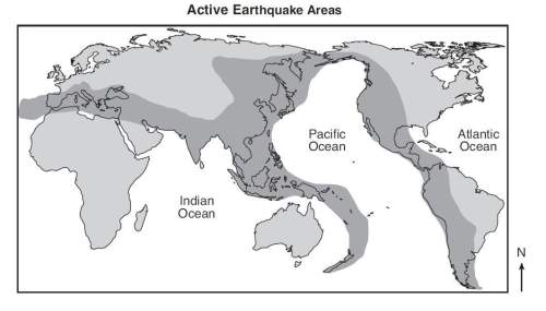 The map shows the most active earthquake areas in dark shading. identify one geologic event, other t
