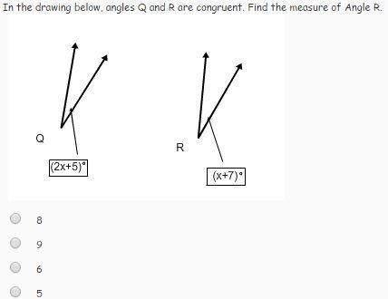 Me  in the drawing blew, angles q and r are congruent. find the measure of angle r.