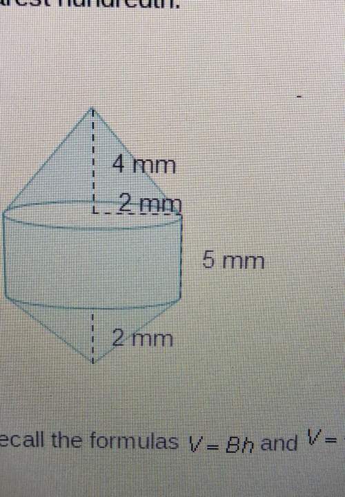 The figure is made up of a cylinder and 2 cones. what is the volume of the composite figure? use 3.