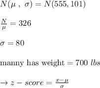 N(\mu\ , \ \sigma)= N(555,101)\\\\ \frac{N}{\mu}= 326\\\\\sigma=80\\\\\text{manny has weight}=700 \ lbs\\\\\to z-score= \frac{x-\mu}{\sigma}