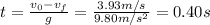 t = \frac{v_{0} - v_{f}}{g} = \frac{3.93 m/s}{9.80 m/s^{2}} = 0.40 s