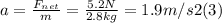 a = \frac{F_{net} }{m} = \frac{5.2N}{2.8kg} = 1.9 m/s2  (3)