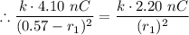 \therefore \dfrac{k \cdot 4.10 \ nC }{(0.57 - r_1 ) ^2} = \dfrac{k \cdot 2.20 \ nC }{(r_1)^2}