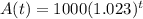 A(t) = 1000(1.023)^{t}