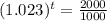 (1.023)^{t} = \frac{2000}{1000}