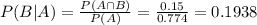 P(B|A) = \frac{P(A \cap B)}{P(A)} = \frac{0.15}{0.774} = 0.1938