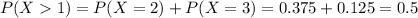 P(X  1) = P(X = 2) + P(X = 3) = 0.375 + 0.125 = 0.5