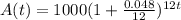 A(t) = 1000(1 + \frac{0.048}{12})^{12t}