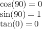 \cos(90)  = 0 \\  \sin(90)  = 1 \\  \tan(0)  = 0