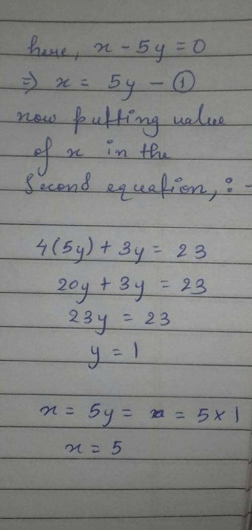 Solve the system using substitution.
4x + 3y = 23
X - 5y = 0