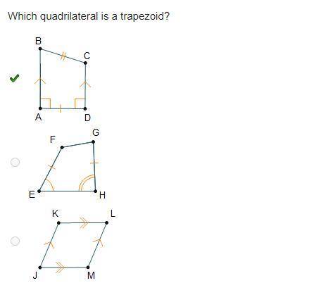 Which quadrilateral is a trapezoid?

Quadrilateral A B C D is shown. Sides A B and D C are parallel.