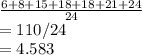 \frac{6+8+15+18+18+21+24}{24} \\=110/24\\=4.583