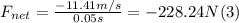 F_{net} = \frac{-11.41m/s}{0.05s} = -228.24 N  (3)