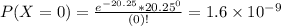 P(X = 0) = \frac{e^{-20.25}*20.25^{0}}{(0)!} = 1.6 \times 10^{-9}