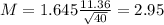M = 1.645\frac{11.36}{\sqrt{40}} = 2.95