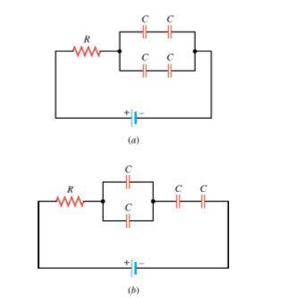 Four identical capacitors are connected with a resistor in two different ways. When they are connect