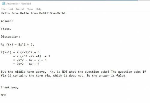 If f(x)=2x^2+3 then f(x-1)=2x^2+4x+5  true or false