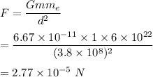 F=\dfrac{Gmm_e}{d^2}\\\\=\dfrac{6.67\times 10^{-11}\times 1\times 6\times 10^{22}}{(3.8\times 10^8)^2}\\\\=2.77\times 10^{-5}\ N