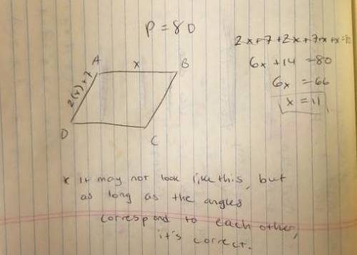 he perimeter of parallelogram ABCD is 80 cm. AD is 7 cm more than twice AB. Find the lengths of all