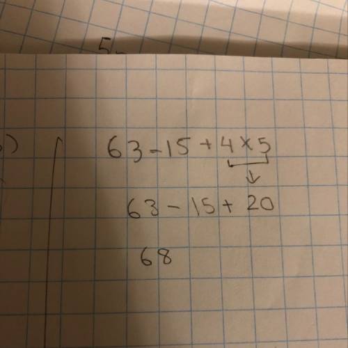 Add parentheses to the expression below 63-15+4×5
