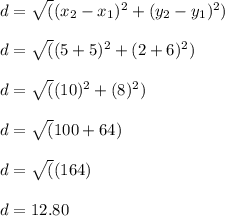 d= \sqrt((x_2 - x_1)^2 + (y_2 - y_1)^2)\\\\d= \sqrt((5+5)^2 + (2+6)^2)\\\\d= \sqrt((10)^2 + (8)^2)\\\\d= \sqrt(100 +64)\\\\d= \sqrt((164)\\\\d= 12.80