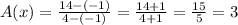 A(x) = \frac{14-(-1)}{4-(-1)} = \frac{14+1}{4+1} = \frac{15}{5} =3