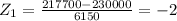 Z_{1}  = \frac{217700-230000}{6150} = -2