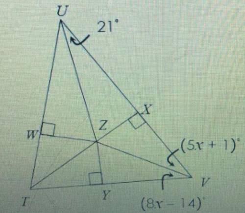 QUESTION: If Z is the incenter of (triangle shape)TUV, find m(triangle shape)ZTV .

x =
m(triangle s