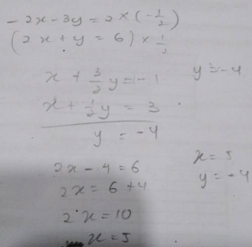 What is -2x-3y=2 2x+y=6