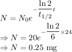N=N_0e^{-\dfrac{\ln 2}{t_{1/2}}t}\\\Rightarrow N=20e^{-\dfrac{\ln 2}{6}\times 24}\\\Rightarrow N=0.25\ \text{mg}
