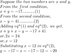 Suppose~the~two~numbers~are~x~and~y.\\From~the~first~condition,\\x+y=-17...........(1)\\From~the~second~condition,\\x-y=41.............(2)\\Adding~eq^n(1)~and~eq^n(2),~we~get,\\x+y+x-y=-17+41\\or, 2x = 24\\or, x=12\\Substituting~x=12~in~eq^n(2),\\y = -17-x = -17-12 = -29